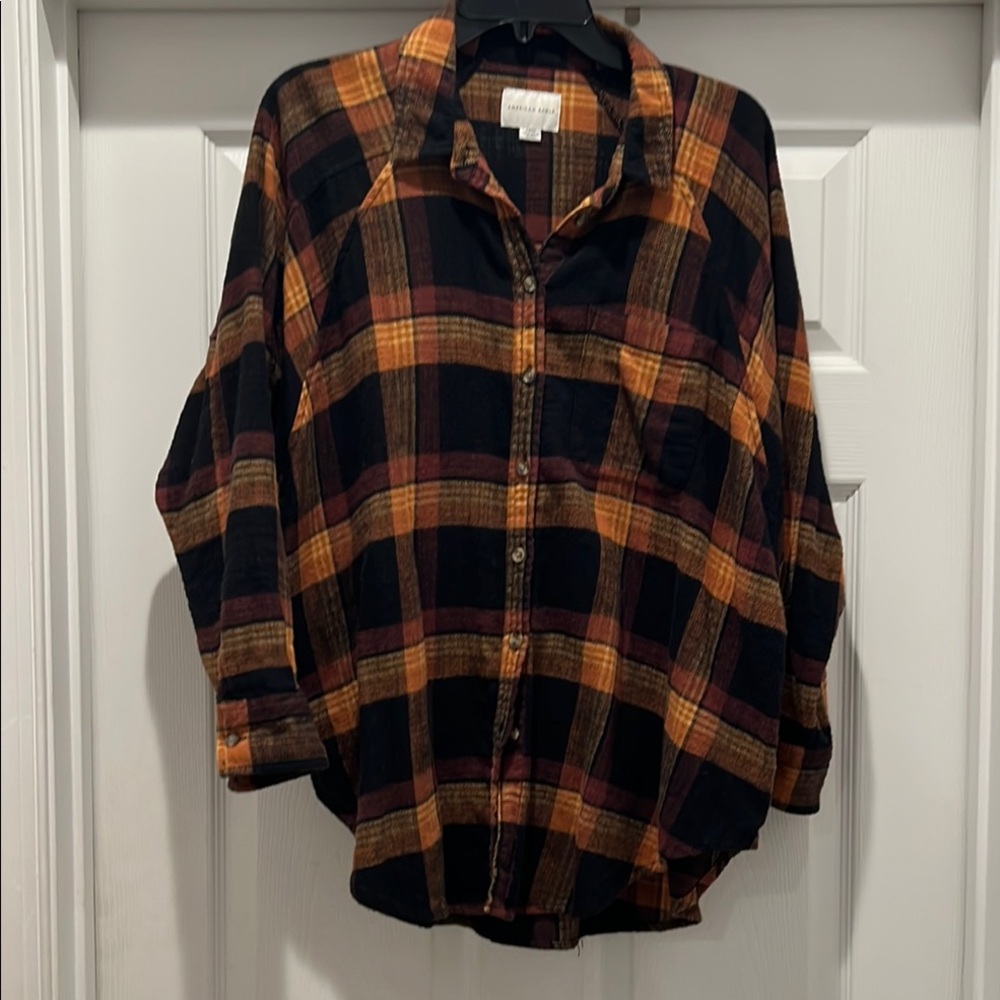 AE Plaid Button-Up Shirt in Black and Orange